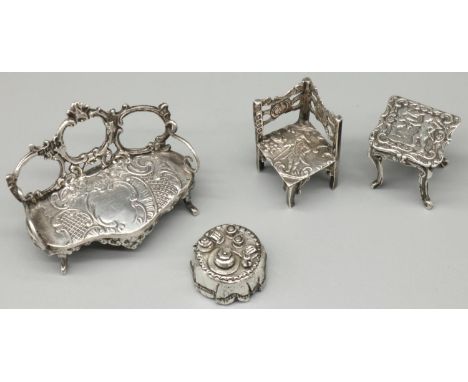 Edward VII hallmarked continental silver rococo style miniature sofa, scrolled openwork back with serpentine seat, Edwin Thom