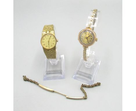 Ladies 9ct gold cased wrist watch with Roman dial, on rolled gold adjustable strap, a ladies Bulova gold plated manual wind w