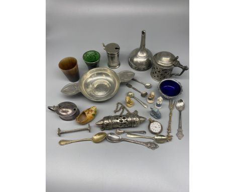 Collection of white metal and EPNS items, including a wine funnel with vine scroll boarder, blue glass lined salts, a pocket 