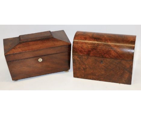 Two C19th tea caddies: burr wood two-division tea caddy with domed lid, L23cm; and a rosewood sarcophagus form tea caddy rais