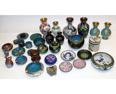 Group of C20th Chinese cloisonne items, incl. boxes, vases, dishes, napkin rings; and two C20th Canton enamel type dishes; ma