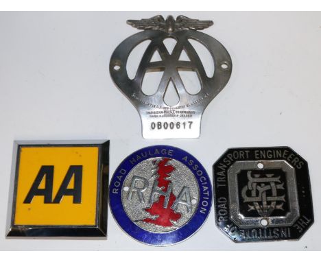 Car bumper badges - RHA, Inst. of Road Transport Engineers,  Vintage chrome AA No 0B00617 and yellow AA (4) 