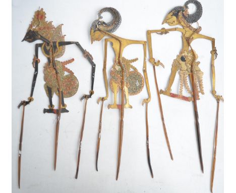 Three vintage Javanese Wayang Kulit buffalo leather articulated shadow puppets 