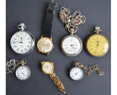 Bifora gold plated hand wound wristwatch with signed silvered dial D33.7mm, Smiths 1/5 second stop watch, another stop watch,