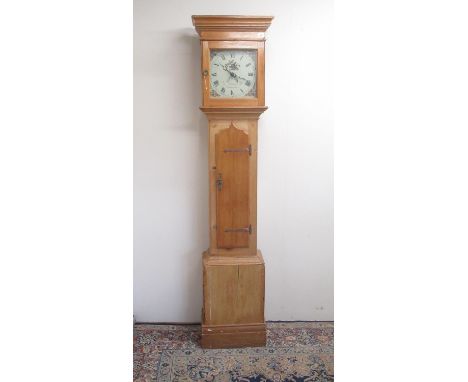 J Box, Launceston - C19th 30 hour pine long case clock,  signed 11" painted dial with date aperture, four pillar movement str