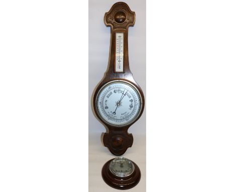 C20th oak aneroid wheel barometer with thermometer box H76cm and another D17.5cm (2) 