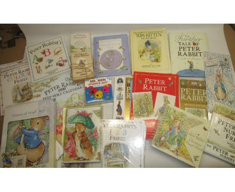 Large collection of Beatrix Potter Peter Rabbit related childrens items incl. books, briefcase, mugs, money boxes, puzzles et