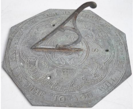 Antique style metal octagonal sundial inscribed "Set Me Right And Use Me Well And I Ye Time To You Will Tell".  D25cm 