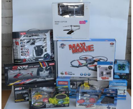 Collection of boxed radio controlled helicopters, drones and cars to include 6 axis gyro stabilised Maxi Drone with extra cam