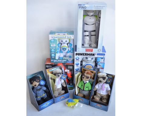 Four boxed electronic robot figures to include a Lexibook Powerman First Educational Robot and Powerman JR, an I-Que Intellig