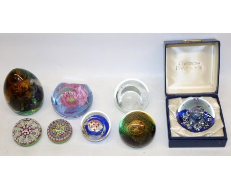 Group of eight glass paperweights, incl. Caithness Sacred Circle 49/100, Caithness Water Lily and Peacefulness and two Peter 