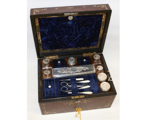 Victorian rosewood dressing box with inlaid brass and mother of pearl decoration, interior lined in blue velvet, hallmarked s