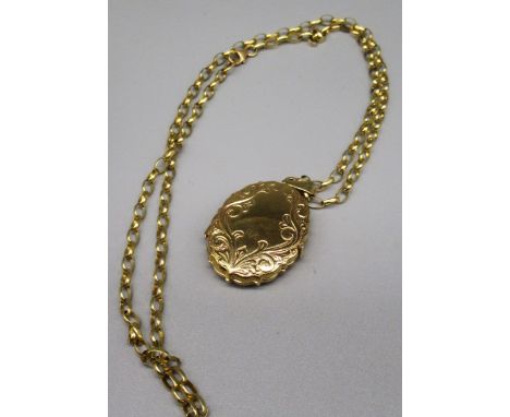 9ct yellow gold pendant locket necklace with engraving to back, on attached belcher chain, stamped 375, gross 15.2g 