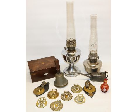 Mixed lot incl. C19thC Bohemian glass vase with cameo portrait, half pint oiler, chrome oil lamp, horse brasses, etc. 