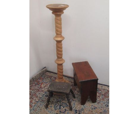 Small vintage footstool on turned supports, stained pine box stool and a pine twist column plant stand (3) 