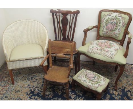 French style modern upholstered chair and footstool, Elm child's chair, Elm dining chair and a Lloyd loom type commode chair 