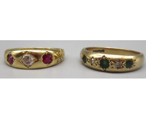 9ct yellow gold gypsy style diamond and emerald ring, stamped 375 size O, 3.3g and an 18ct gold ruby and clear stone gypsy ri