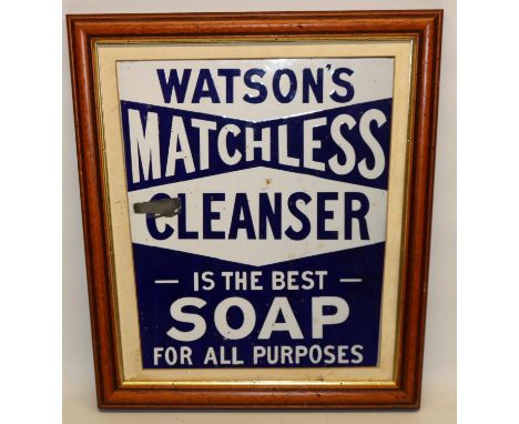 Framed Watsons Matchless Cleanser enamel sign, 37cm x 41cm 