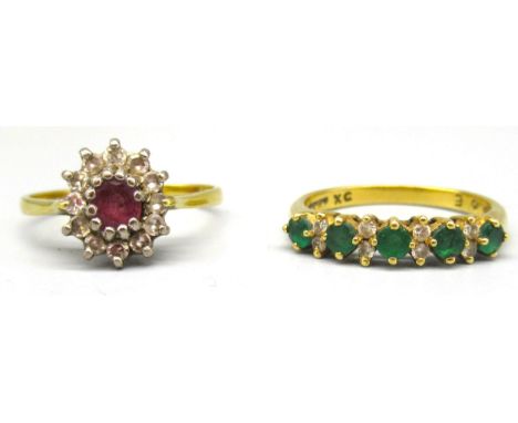 18ct yellow gold diamond and emerald ring, stamped 750, size P, and an 18ct yellow gold diamond and ruby cluster ring, stampe