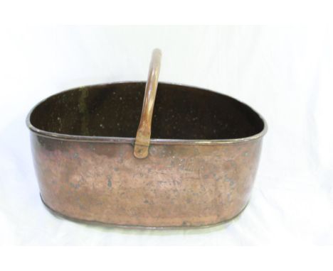 Large brass oval pan with fixed handle. L57cm H24cm D26cm. Copper warming pan, and large copper and brass kettle 