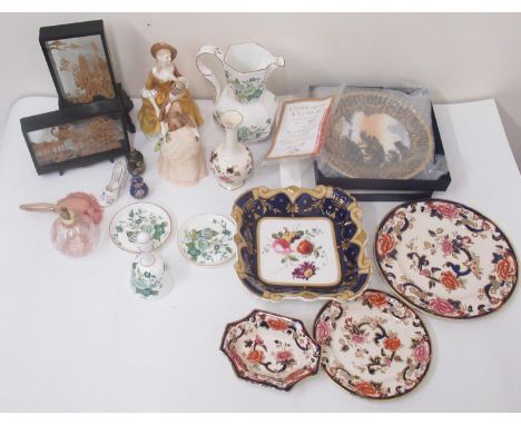 Two Chinese cork dioramas, Staffordshire bone china bell, jug and side plates in Kowloon pattern, Royal Doulton 'Sandra' figu