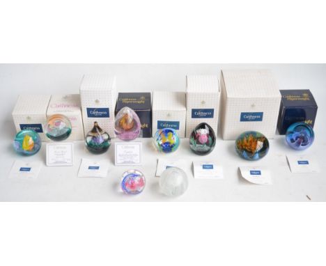 Collection of glass paperweights to include 8 boxed Caithness examples with numbered certificates and 2 without boxes or cert