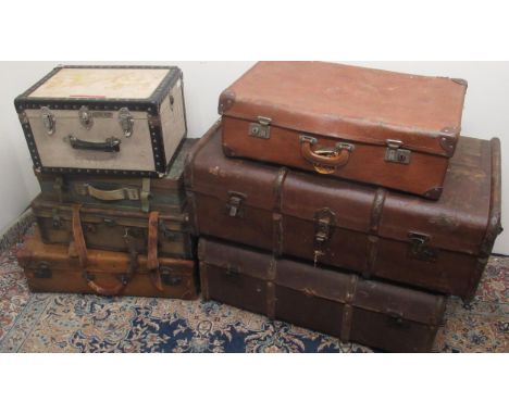 Two canvas and beech bound cabin trunks W84cm and other vintage luggage (7) 