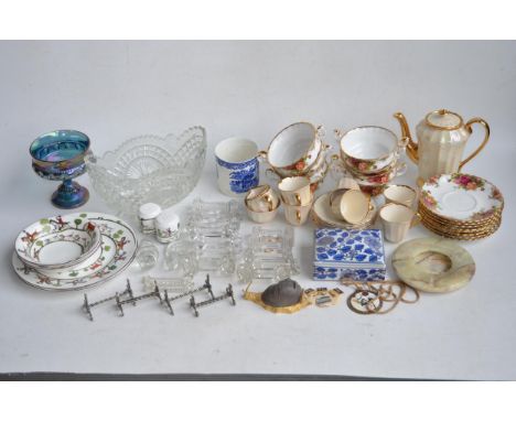 Collection of table ware to include Royal Albert "Old Country Roses", Wade and Crown "Hunting Scene", a metal tape dispenser 