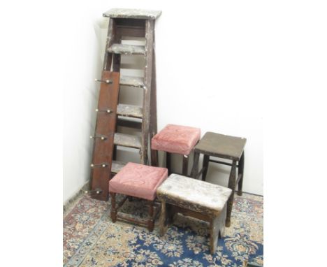 Wood step ladders, Victorian leather nail topped stool, milking stool, 2 light purple upholstered stools and a five hook coat