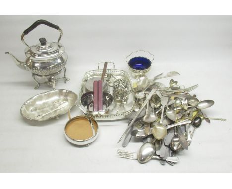 Collection of silver plate and EPNS inc. cutlery, spirit kettle, etc. 