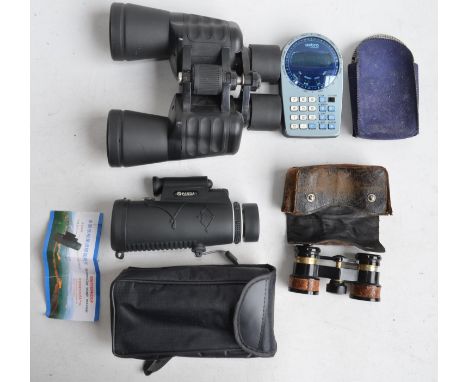 Pair of Breaker JL 50/50 7x/119m 20x/56m binoculars, a small pair of vintage theatre type binoculars marked "France", a moder