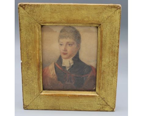 English School (early C19th): bust length miniature portrait of a man in giltwood frame, watercolour, purportedly Sir William