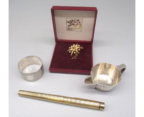 Sheaffer USA gold electro plated fountain pen with 14ct nib, stamped 585, a yellow metal and pearl brooch, a hallmarked Sterl