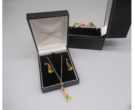 Clarice Cliff Bizarre enamel and silver gilt jewellery suite comprising; garnet drop necklace, earrings and bracelet, boxed 