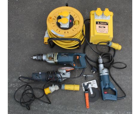 240v to 110v power tool transformer with 2 x 16A sockets. 40m 110v cable reel. Bosch disk grinder 110v. AEG 110v drill  with 