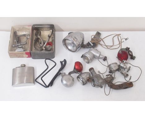 Assorted dynamo bike lights, stainless steel hip flask, vintage hair clippers 