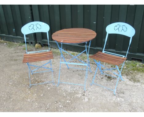 Patio style folding table and chairs, with wooden slat top and blue painted folding frames (3) 