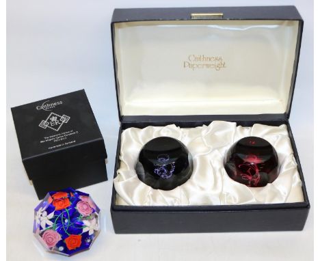 Caithness limited edition glass paperweights: Frost and Fire (pair) 110/150, and The Diamond Jubilee... 39/50, boxed, max. D7