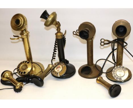 C20th brass candlestick telephone H32cm, two BT approved candlestick telephones and one other (4) 