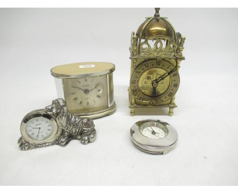 Genalex - C20th brass cased lantern clock H18cm, Metamec quartz mantle timepiece and two other quartz clocks (4) 