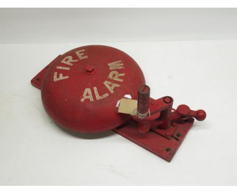Mid C20th painted hand operated Fire Alarm bell on wood wall bracket - reputed to have been used in the 1972 film Mutiny on t