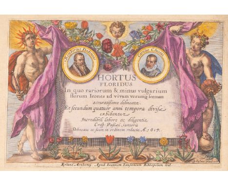 Crispin van de Passe the Younger (Dutch 1597-1670)/Hortus Floridus (title page)/hand-coloured engraving, 18cm x 24cm/and two 
