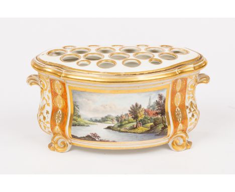 A Derby topographical bough pot and liner, circa 1825, painted and titled 'A View in Malton', the serpentine front with orang