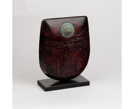 Peter Hayes (born 1946), a red raku bow form with turquoise disc, incised signature to plinth base, 31cm high CONDITION REPOR