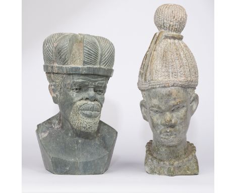 Shona revival (Zimbabwe, late 20th Century)/Two portrait heads, a young woman with braided hair, signed with initials JT and 