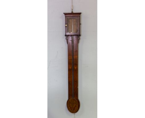 A mahogany and satinwood stick barometer, G Goodall, Tadcaster, with marquetry inlaid case and paper printed gauge, 94cm long