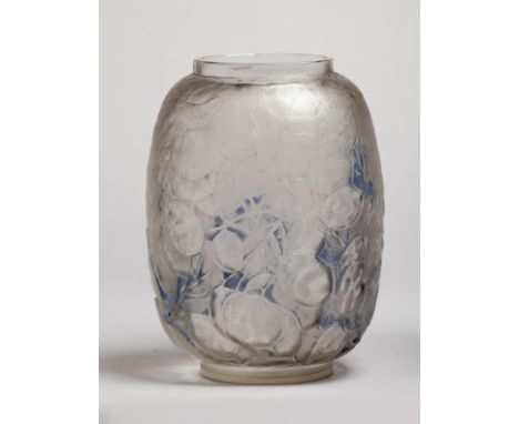 Lalique, a Monnaie du Pape vase, designed 1914, Marcilhac ref. 897, the opalescent and blue stained glass etched a design of 