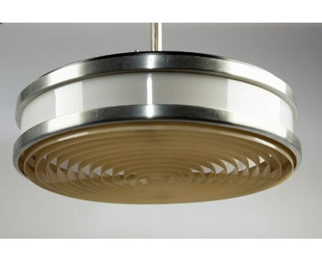 Stilnovo, Italian 1960s/A circular pendant lamp of cylinder form, white perspex with chrome banding, and plastic diffuser to 