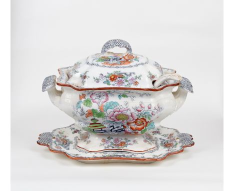 An Ashworth ironstone soup tureen, cover, ladle and stand, the stand 37cm wide