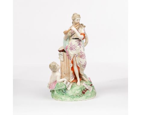 A Derby figure group emblematic of Music, circa 1765-70, modelled as a flute-playing maiden standing beside a column accompan